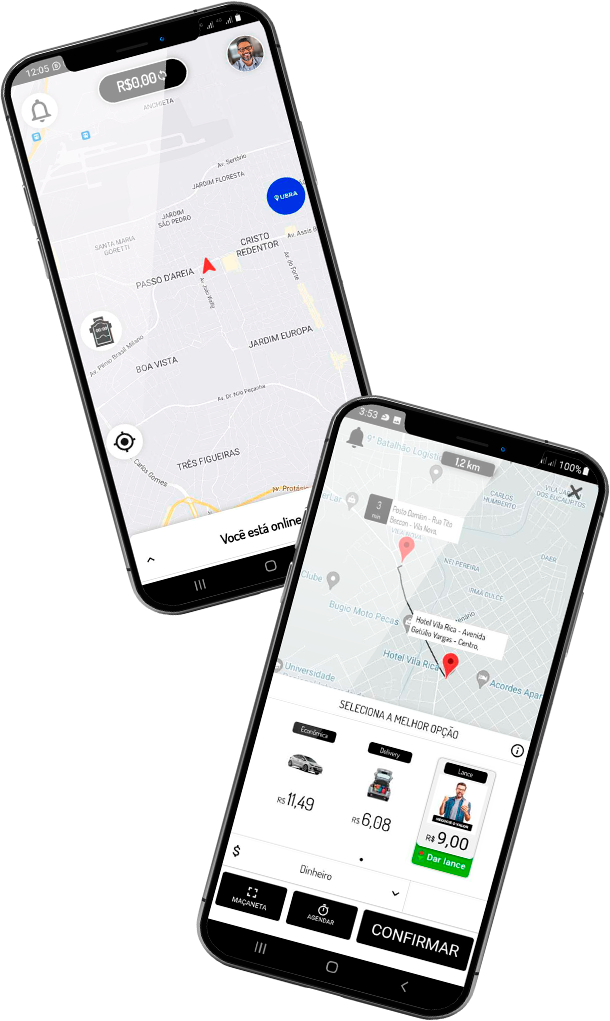 Duas telas do aplicativo UBRA: a do motorista, com o mapa da cidade e o aviso “Você está online”, e a do passageiro, escolhendo entre as categorias Econômica, Delivery e Lance com os valores de cada uma.